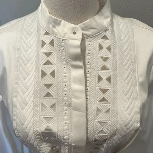 Elie Tahari Cream Wrap Midi Dress, Embroidered Yoke. Never Worn! Size 10 - Picture 3 of 6